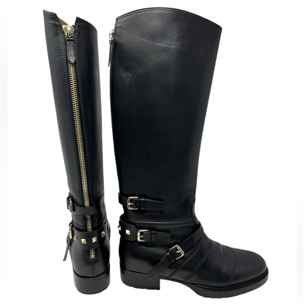 Valentino Garavani Rockstud Moto Boots Black Leather Knee High Tall 38.5 8.5